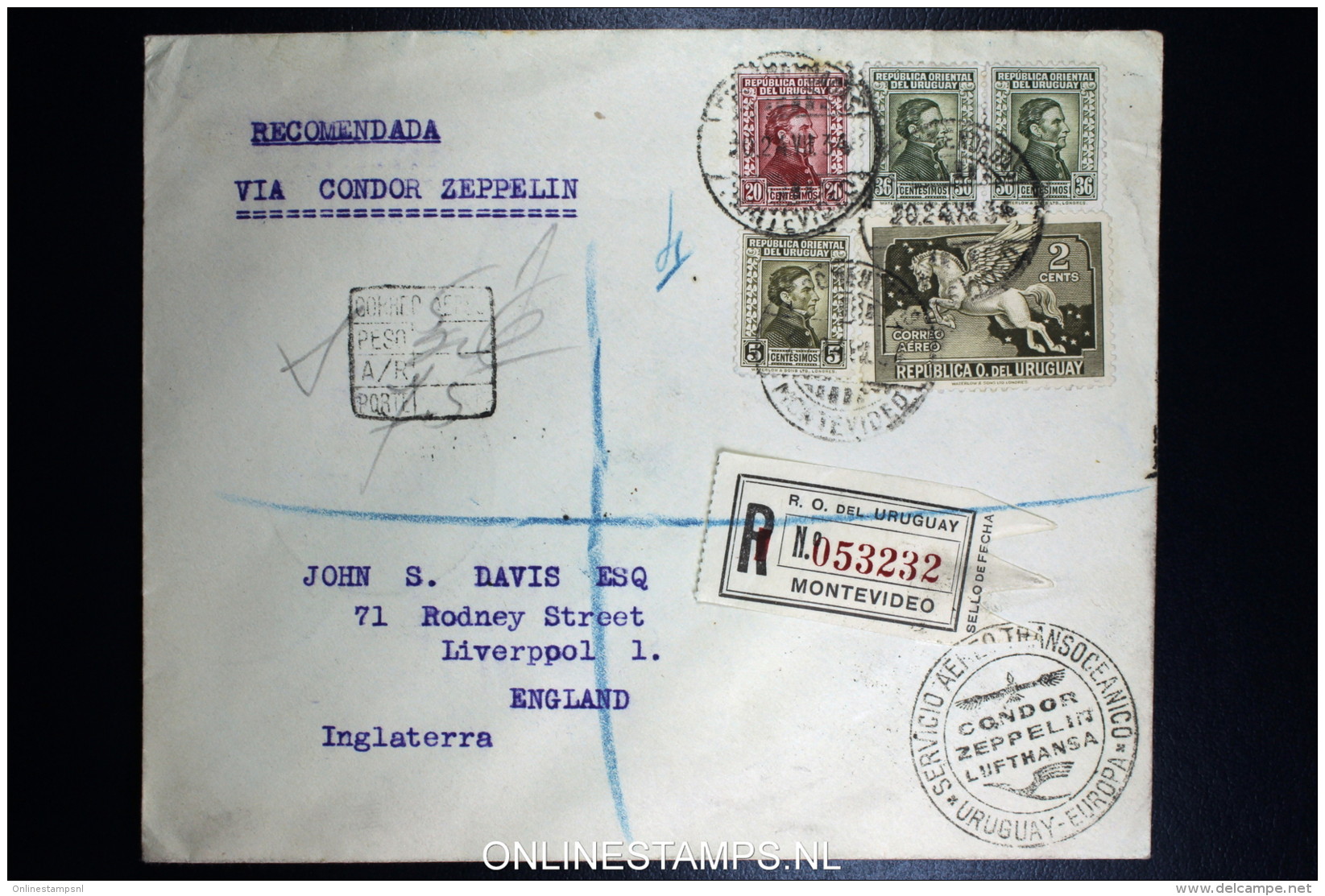 Graf Zeppelin 4. Sudamerikafahrt Sieger 263  Mixed Stamps.  Registered Cover Montevideo  To Liverpool UK - Uruguay