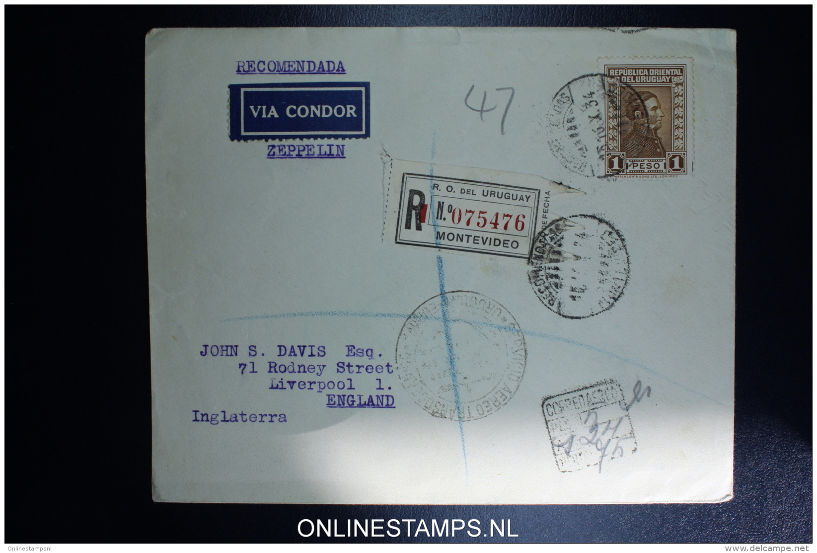 Graf Zeppelin 10. Sudamerikafahrt Sieger 281 C  Mixed Stamps. Registered Cover Montevideo  To Liverpool UK - Uruguay