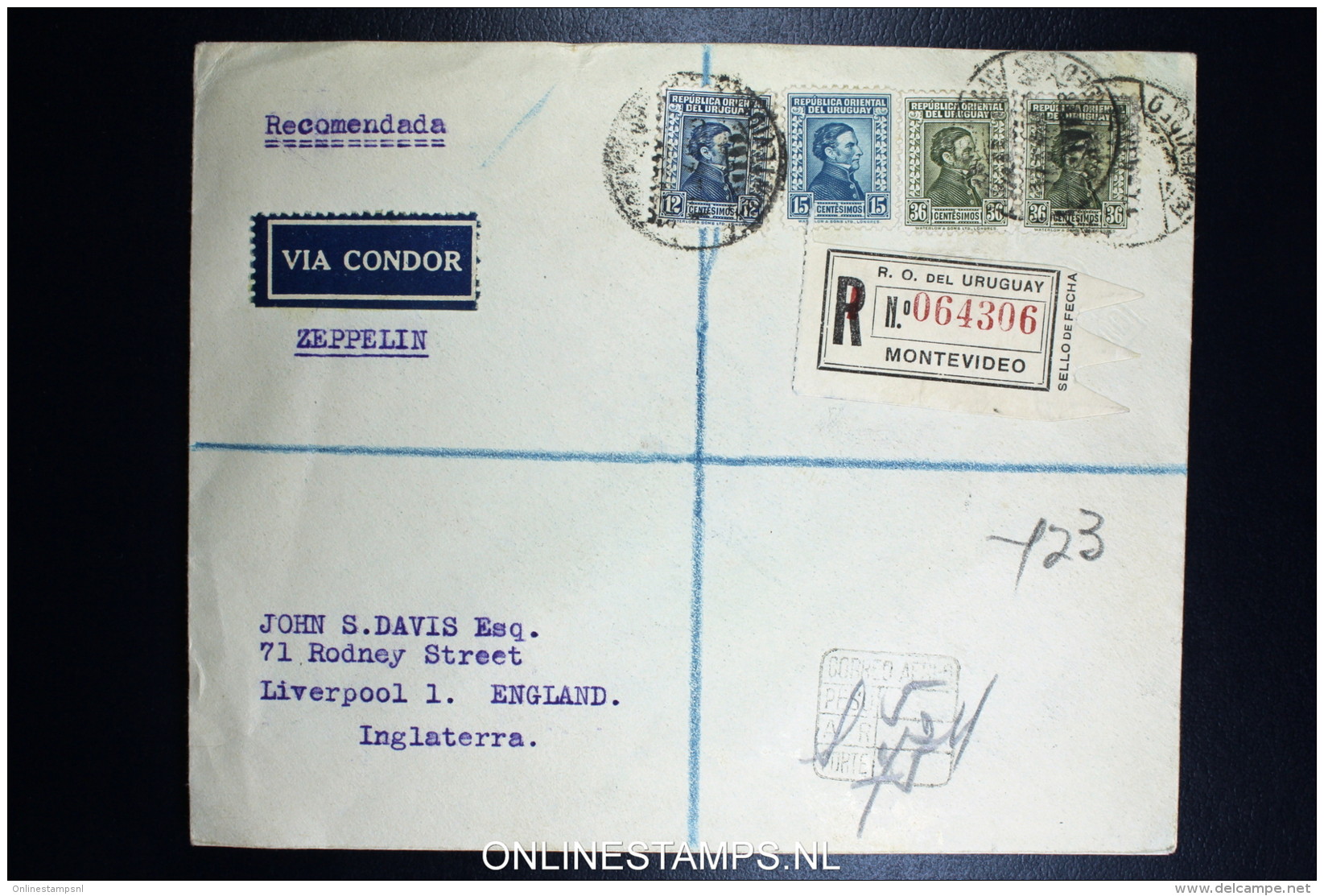 Graf Zeppelin 10. Sudamerikafahrt Sieger 281 C  Mixed Stamps. Registered Cover Montevideo  To Liverpool UK - Uruguay