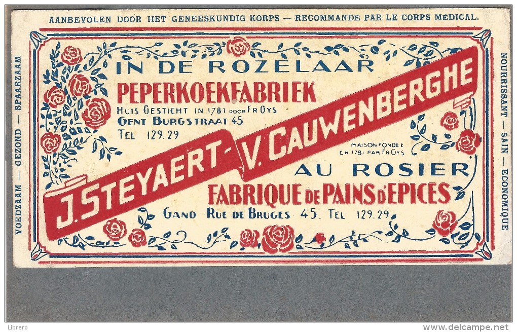 Gent / In De Rozelaar... Peperkoekfabriek / J. Steyaert - V. Cauwenberghe. Kartonreclame 20,5cm X 10,5cm. - Reclame