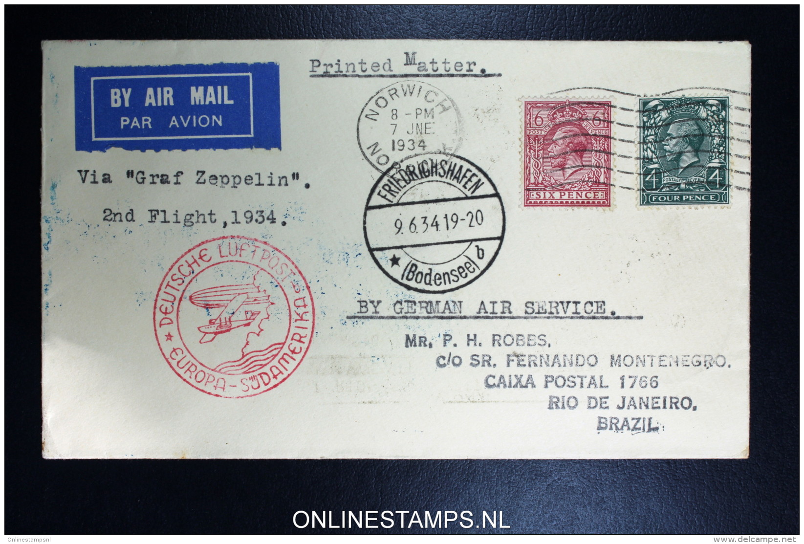 Graf Zeppelin 2 Sudamerikafahrt  1934 Sieger 250   Norwich To Rio - Briefe U. Dokumente