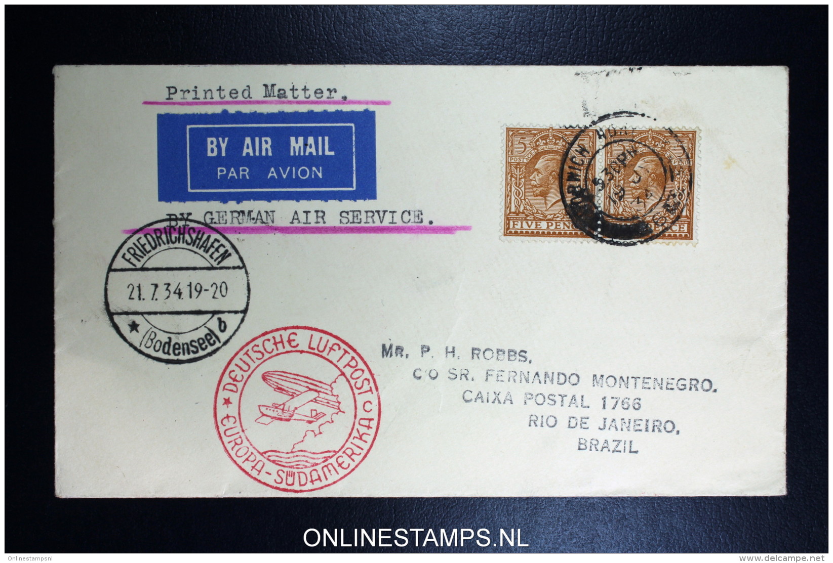 Graf Zeppelin 4. Sudamerikafahrt  1934 Sieger 260   Norwich To Rio  Vertragsstaatenpost - Brieven En Documenten
