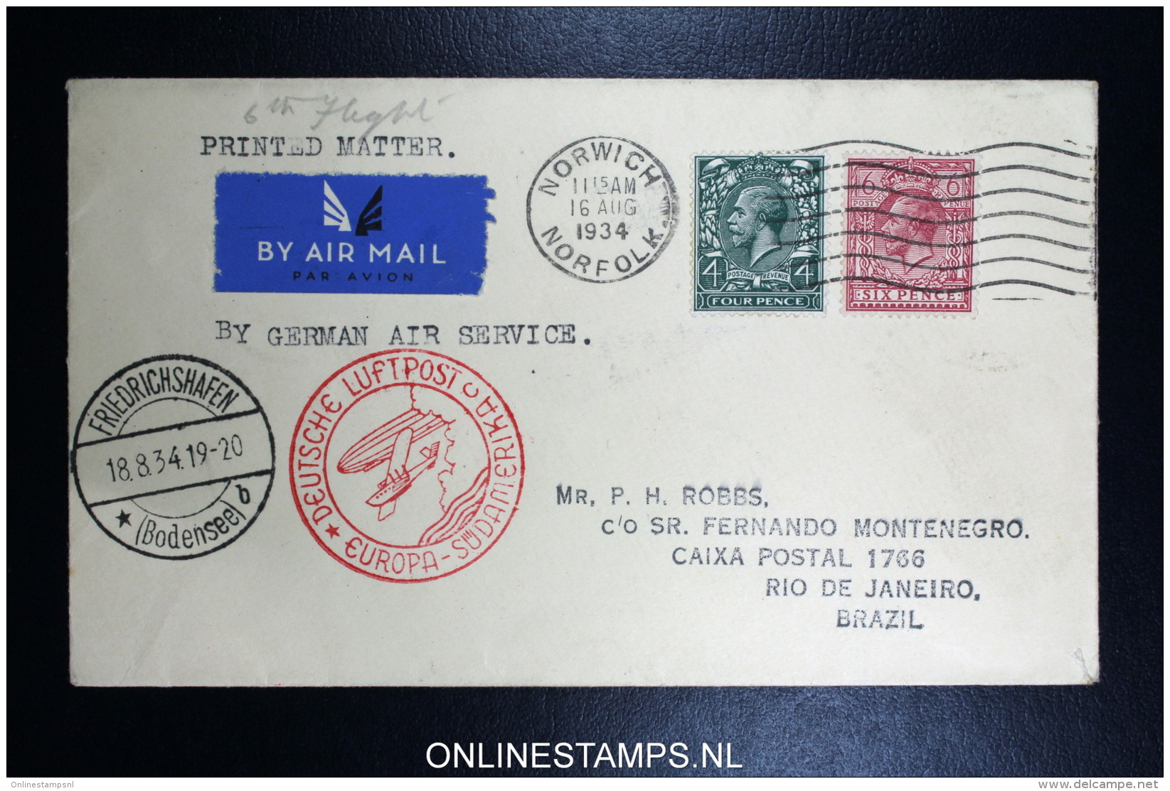 Graf Zeppelin 6. Sudamerikafahrt  1934 Sieger 268   Norwich To Rio  Vertragsstaatenpost - Covers & Documents