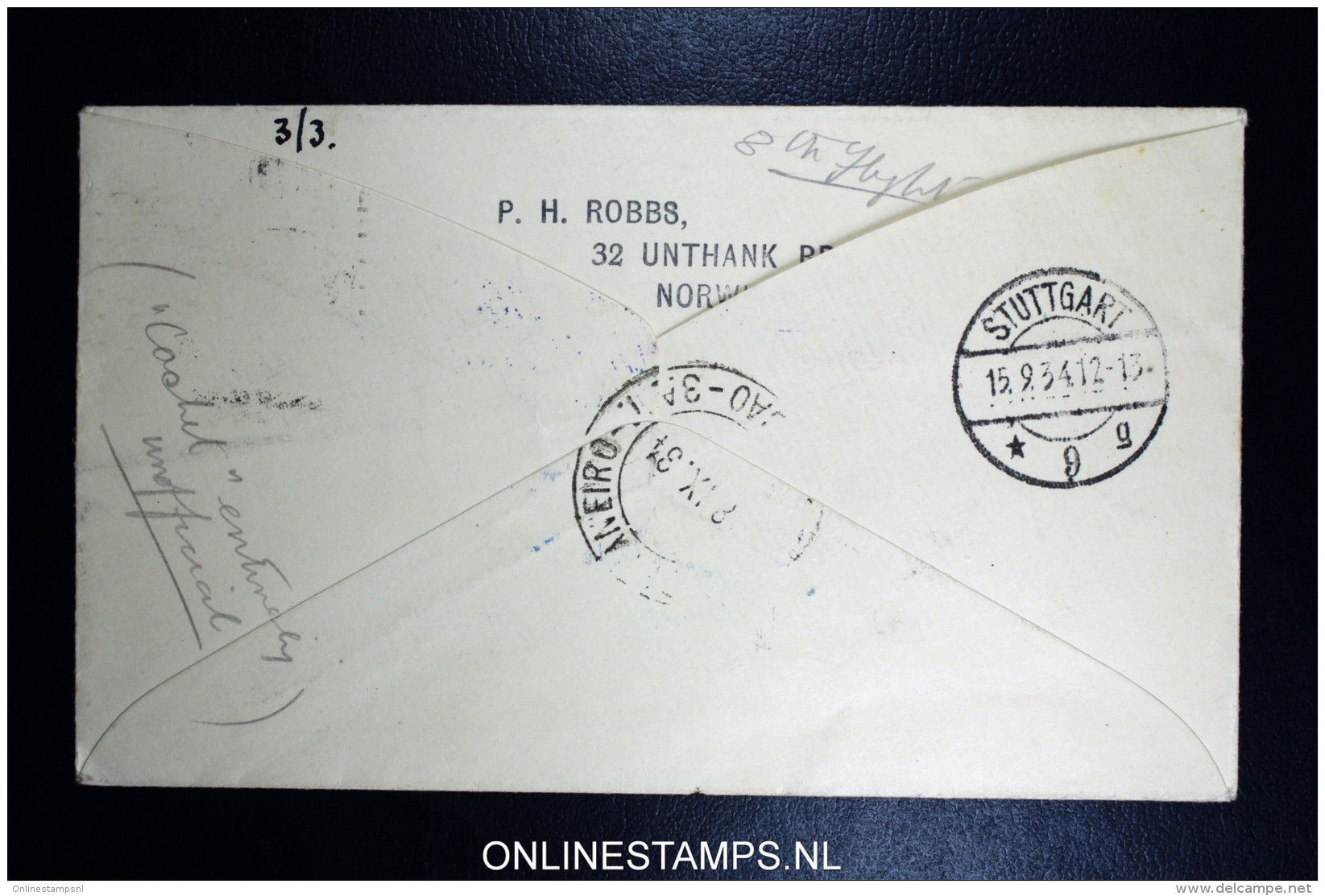 Graf Zeppelin 8. Sudamerikafahrt  1934 Sieger 274   Norwich To Rio  Vertragsstaatenpost - Covers & Documents