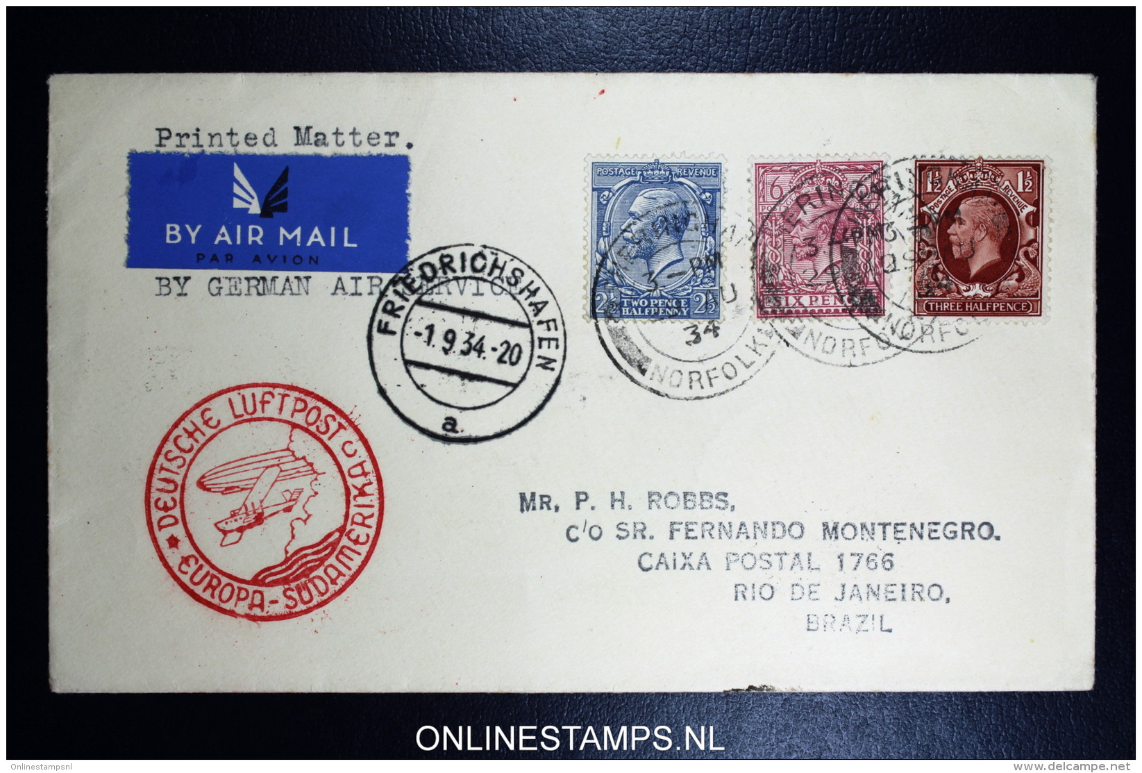 Graf Zeppelin 7. Sudamerikafahrt  1934 Sieger 271   Norwich To Rio  Vertragsstaatenpost - Cartas & Documentos