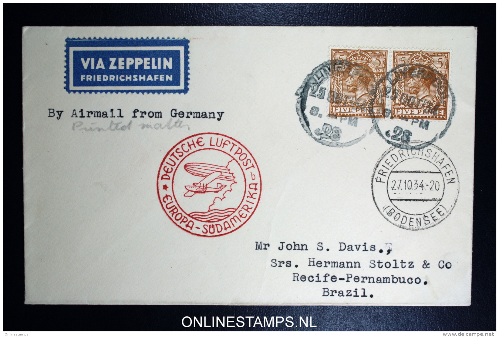 Graf Zeppelin 11. Sudamerikafahrt  1934 Sieger 283   Liverpool To Recife  Vertragsstaatenpost - Briefe U. Dokumente