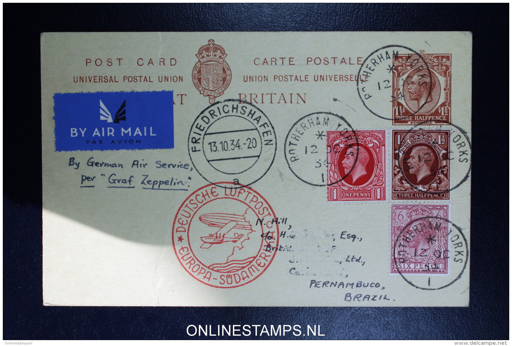 Graf Zeppelin 10. Sudamerikafahrt  1934 Sieger 280 Rotherham To Recife/Pernambuco  Vertragsstaatenpost Uprated Postcard - Briefe U. Dokumente