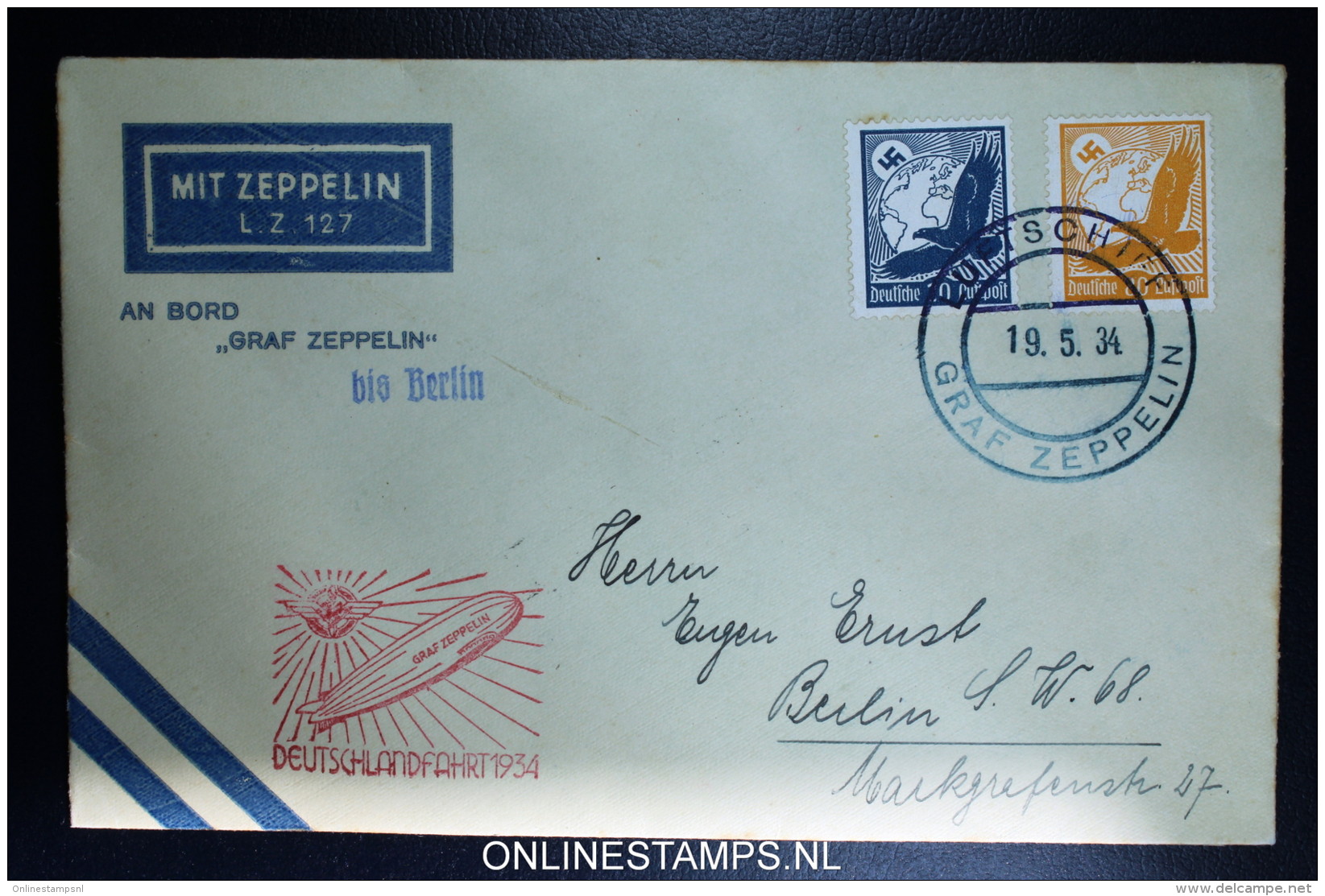 Graf Zeppelin LZ 127 1934, Deutschlandfahrt, Bordpost Bis Berlin Auf Offiziellen Bordpostumsclag Sieger 246 - Poste Aérienne & Zeppelin