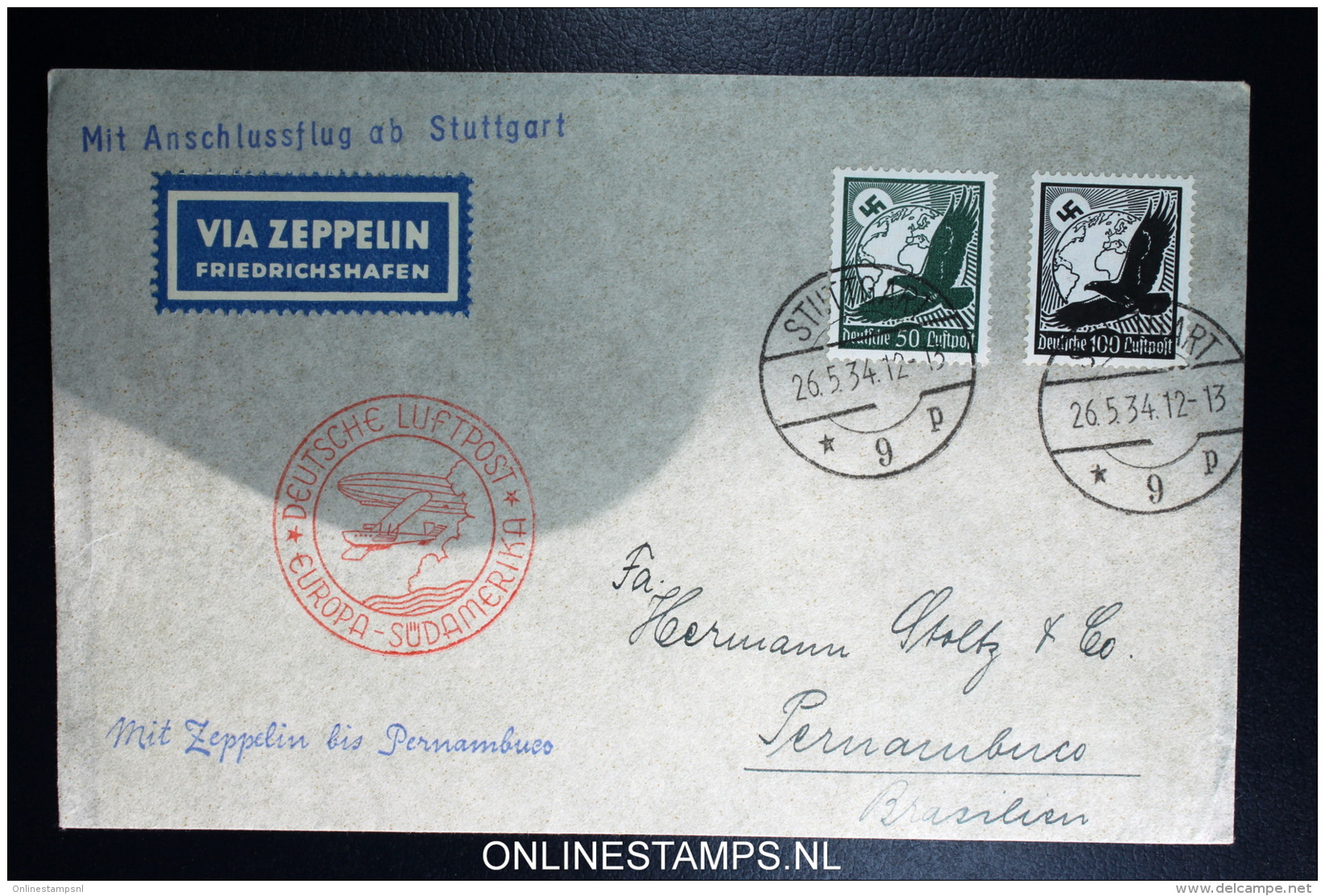 Graf Zeppelin LZ 127 1934, 1. Südamerikafahrt Sieger 247 Ba Anschlussflug Stuttgart - Luft- Und Zeppelinpost