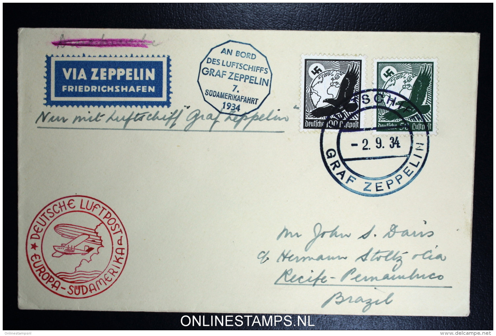 Graf Zeppelin LZ 127 1934, 7. Südamerikafahrt Sieger 271 Ab  Bordpost + Bordstempel - Luft- Und Zeppelinpost