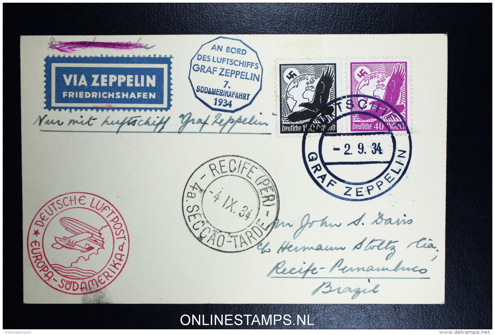 Graf Zeppelin LZ 127 1934, 7. Südamerikafahrt Sieger 271 Ab  Bordpost + Bordstempel - Luft- Und Zeppelinpost