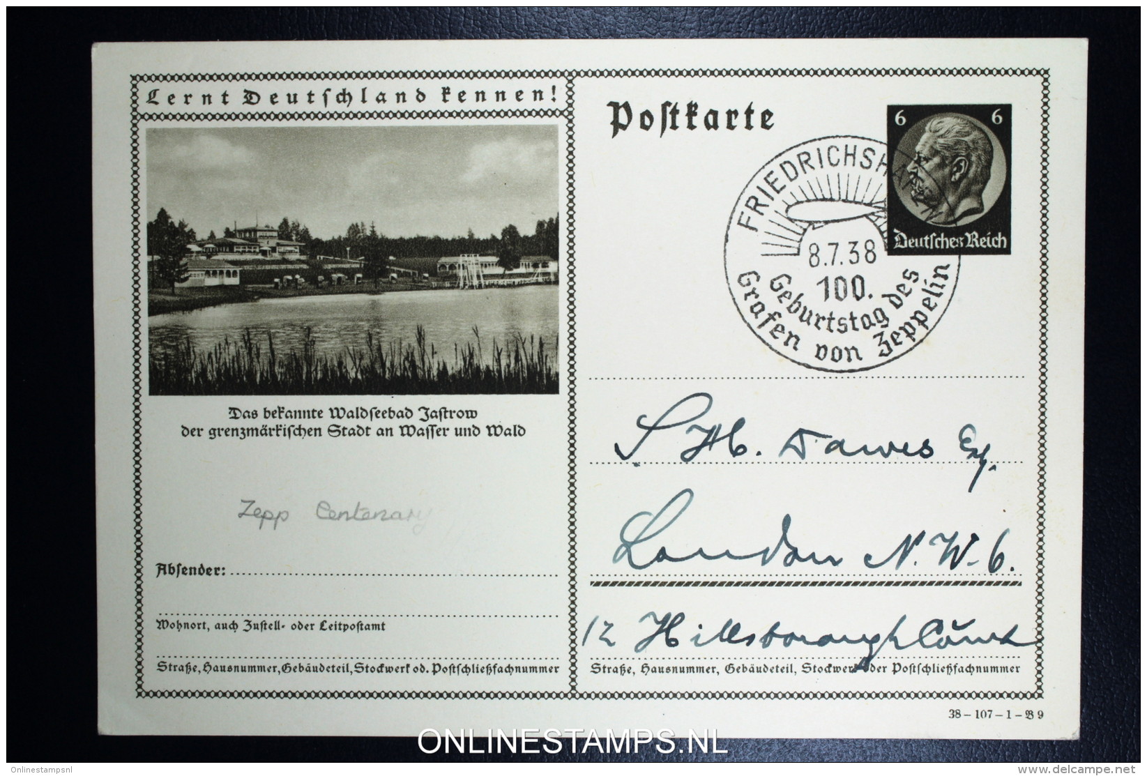 Graf Zeppelin 100. Geburtstag Des Grtafen Von Zeppelin Friedrichshaven 8-7-1938  Postkarte - Luft- Und Zeppelinpost