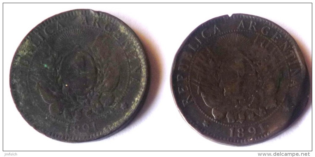 DOS MONEDAS ANTIGUAS DE 2 CENTAVOS DE ARGENTINA DE 1891 - Argentina