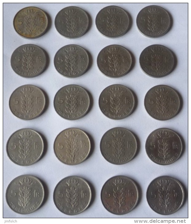 LOTE DE 20 MONEDAS DE 5 FRANCOS BELGAS. TODAS CON AÑOS DIFERENTES - Otros & Sin Clasificación