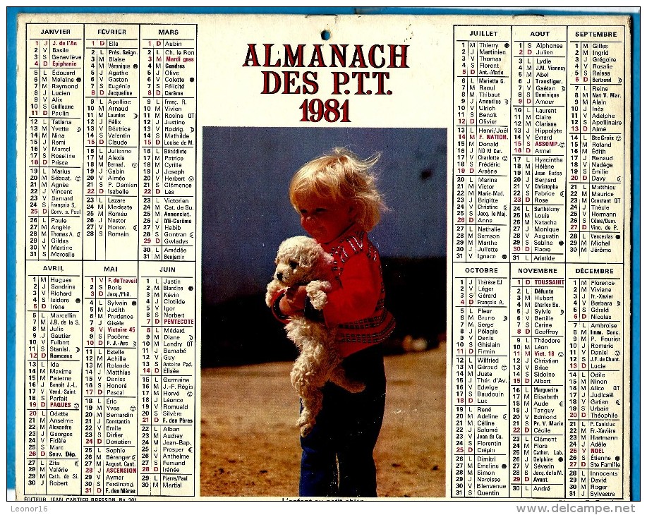 ALMANACH DES P.T.T.1981 (57) - Complet **ENFANT AU PETIT CHIEN - CHIOTS COLLEY ** - Editeur : JEAN CARTIER BRESSON N°201 - Grand Format : 1971-80