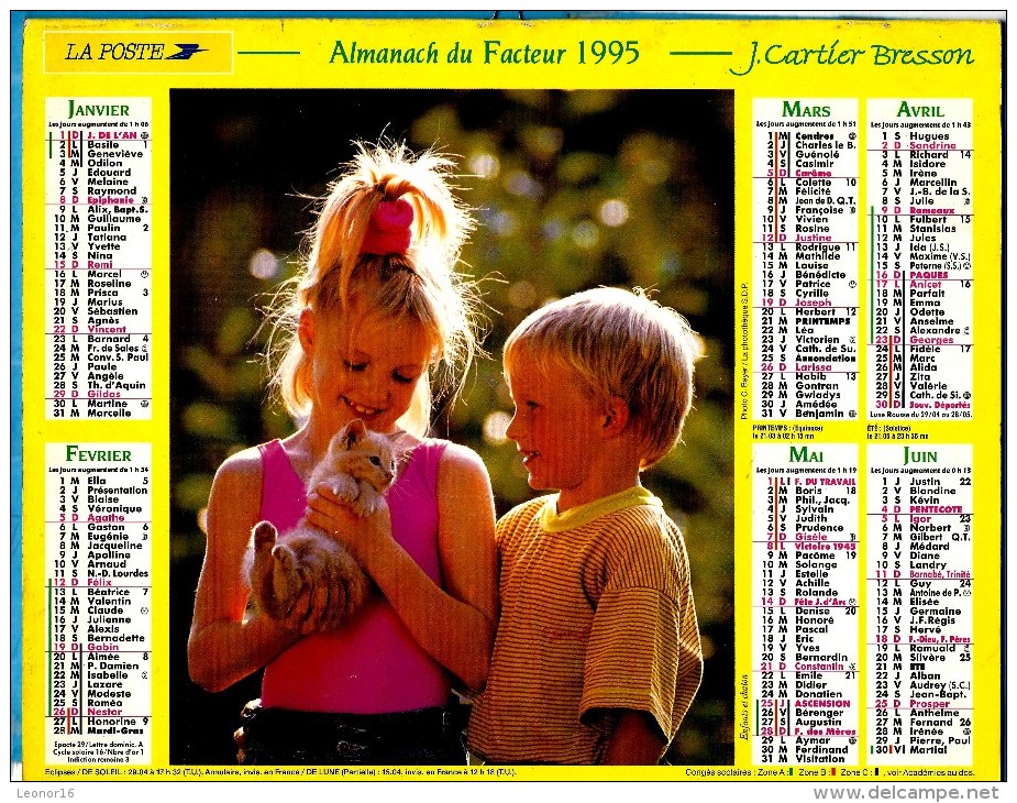 ALMANACH DU FACTEUR.1995 (54) - Complet ** ENFANTS ET CHIOTS - ENFANTS ET CHATON ** - Edit :JEAN CARTIER BRESSON N°/ - Grand Format : 1991-00