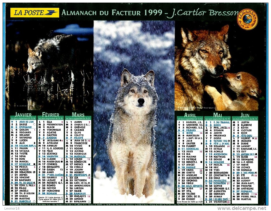 ALMANACH DU FACTEUR.1999 (70) - Complet **3 VUES LOUPS - 3 VUES OURS ** - Edit :JEAN CARTIER BRESSON N°/ - Grand Format : 1991-00