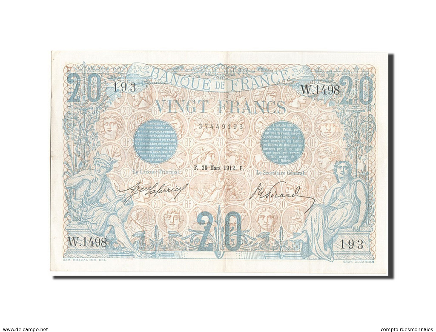 Billet, France, 20 Francs, 20 F 1905-1913 ''Bleu'', 1912, 1912-03-28, SUP - 20 F 1905-1913 ''Bleu''