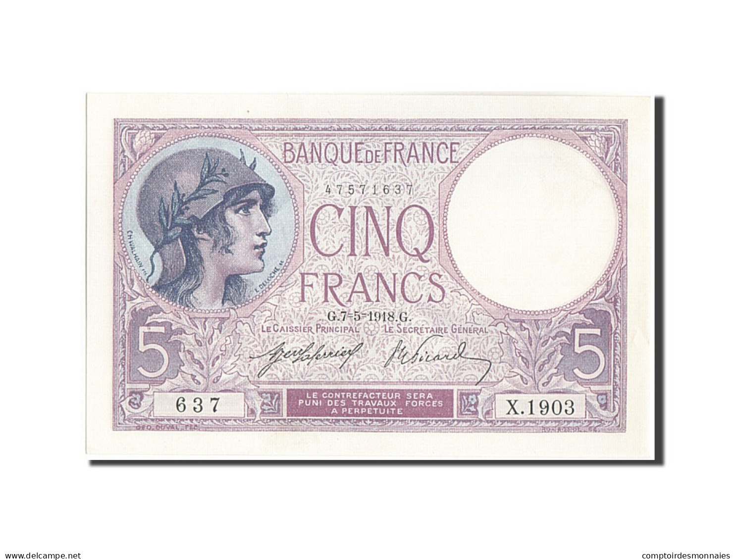 Billet, France, 5 Francs, 5 F 1917-1940 ''Violet'', 1918, 1918-05-07, SUP+ - 5 F 1917-1940 ''Violet''