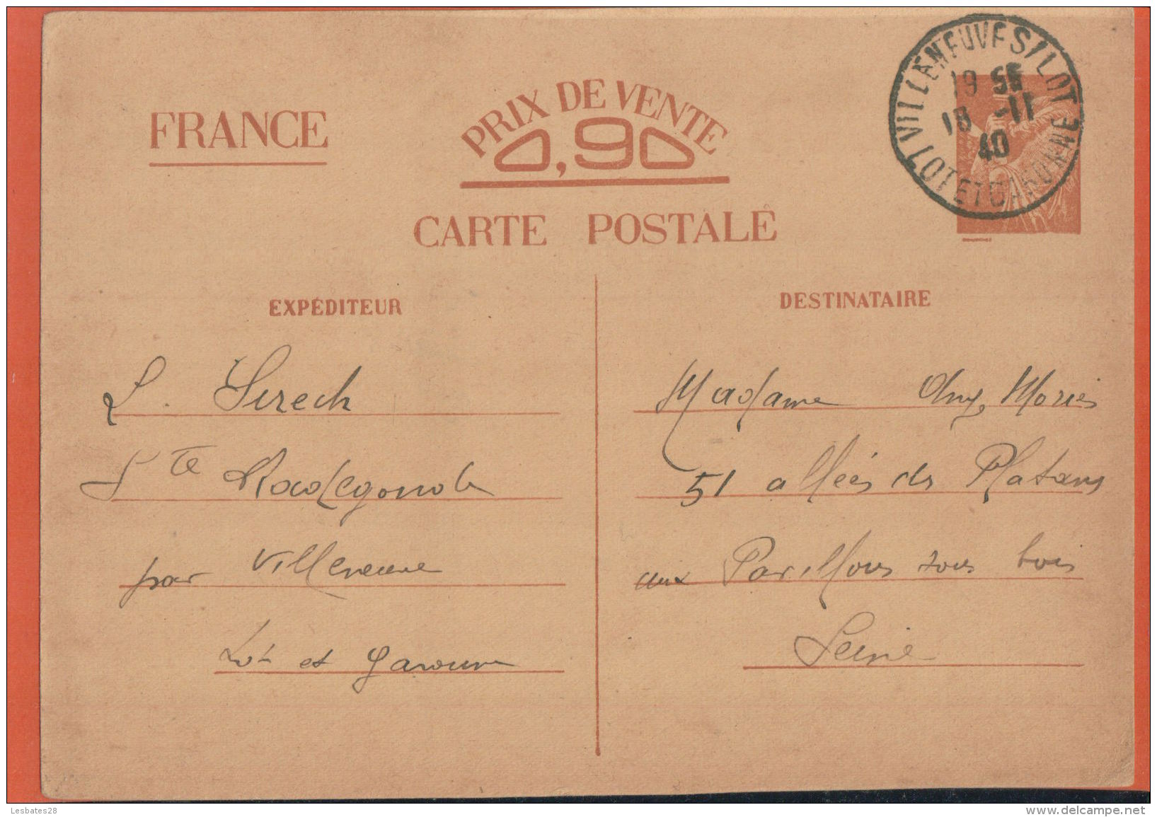 Entiers Postaux   Carte Postale  Timbres IRIS 1940   Daguin  Villeneuve S/ LOT  -mars 2016 539 - Cartes Postales Types Et TSC (avant 1995)