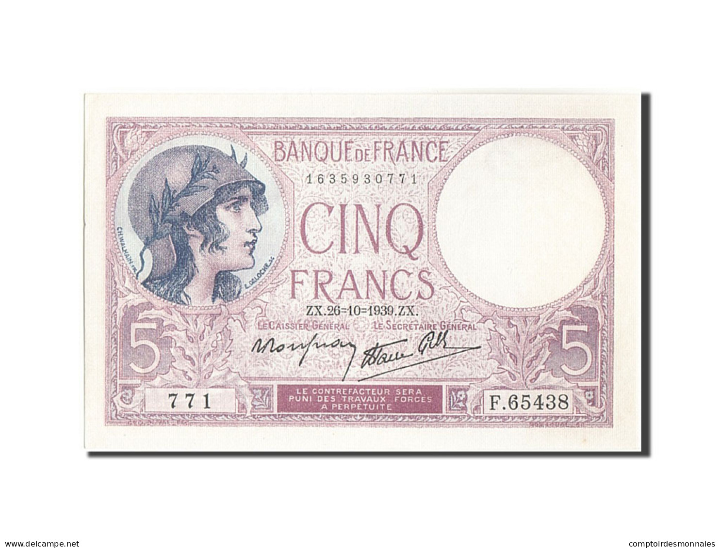 Billet, France, 5 Francs, 5 F 1917-1940 ''Violet'', 1939, 1939-10-26, SPL+ - 5 F 1917-1940 ''Violet''