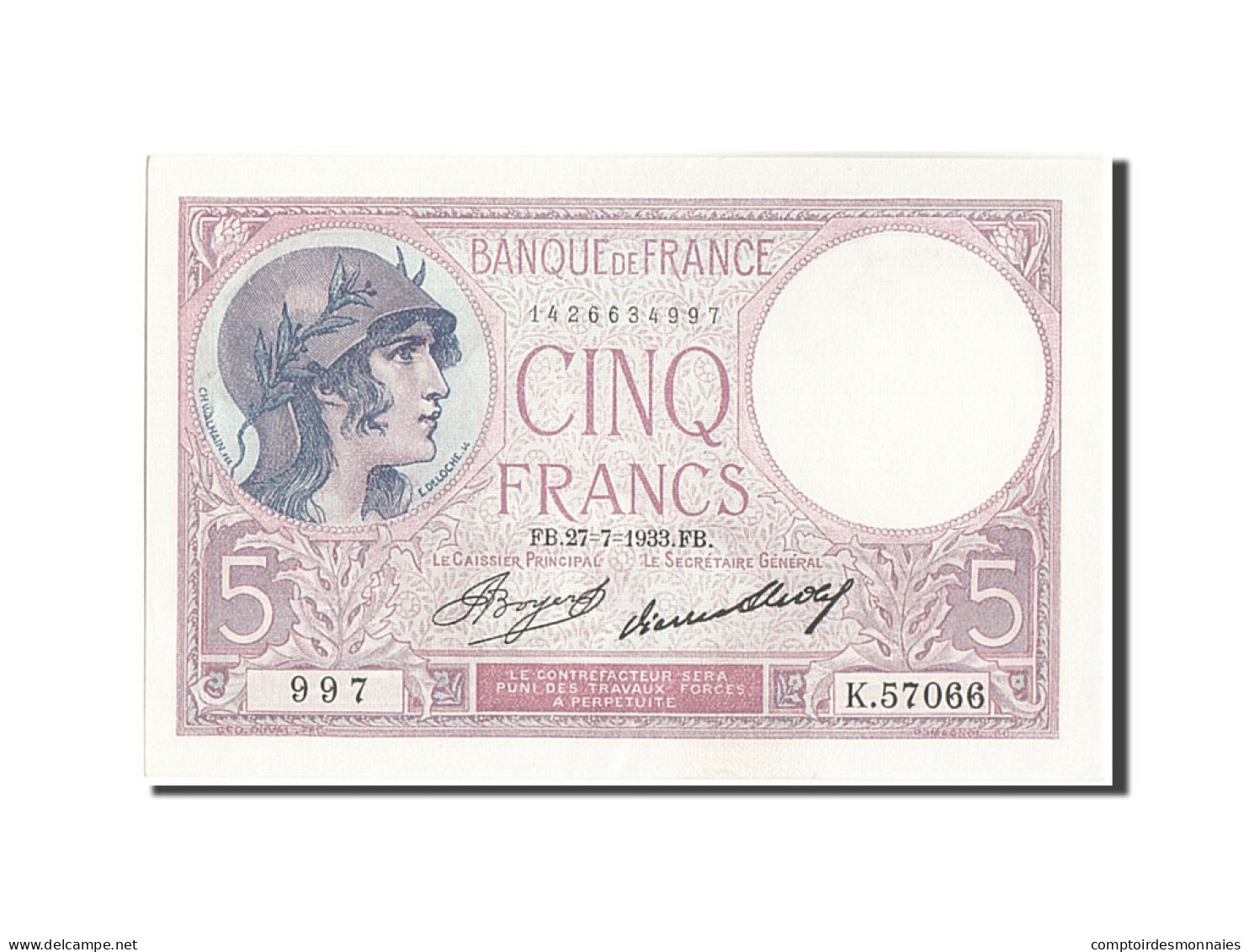 Billet, France, 5 Francs, 5 F 1917-1940 ''Violet'', 1933, 1933-07-27, SUP+ - 5 F 1917-1940 ''Violet''