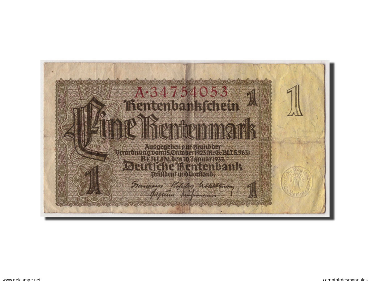 Billet, Allemagne, 1 Rentenmark, 1937, 1937-01-30, KM:173b, B+ - 1 Rentenmark