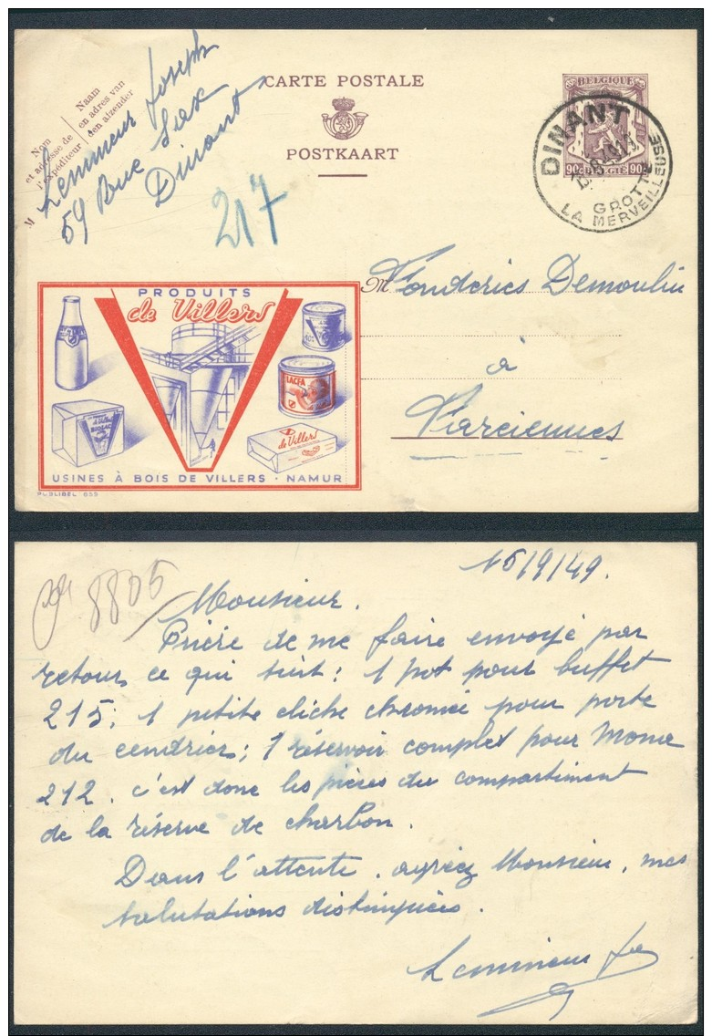 AA293 Entier Illustré De Dinant à Farciennes 1949 - Postcards 1934-1951