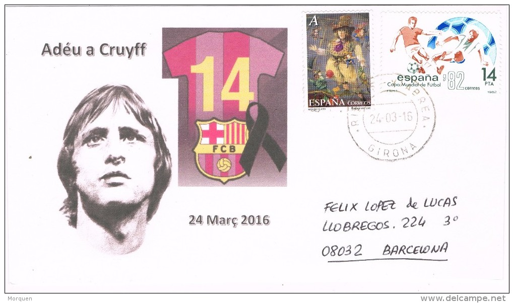 17372. Tarjeta Conmemorativa RIELLS I VIABREA (gerona) 2016. Futbol. Adeu A JOHAN CRUYFF - Storia Postale