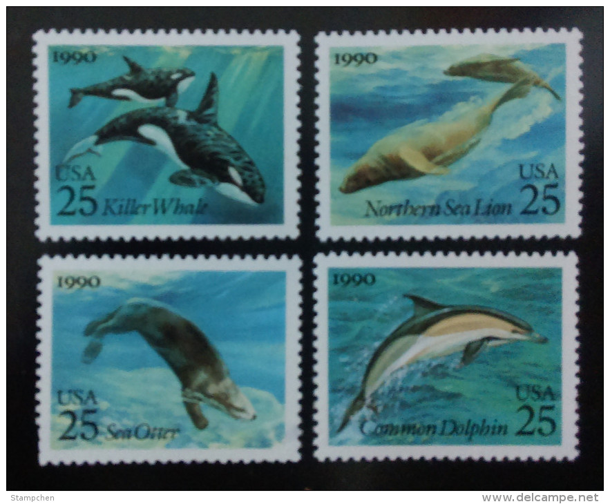 USA 1990 Sea Creatures Stamps Sc#2508-11 Killer Whale Sea Lion Otter Dolphin - Dolphins