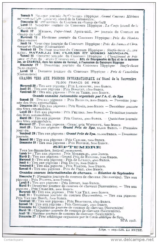 SPA  ( Belgique )  -  Programme Des Fêtes  - Saison 1913  ( Format : 14 Cm X 21 Cm  ) 4 Pages - 1900 – 1949