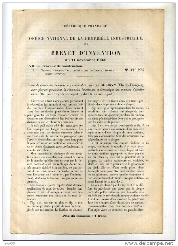 - TRAPPE DE REGARD. BREVET D´INVENTION DE 1902 . - Obras Públicas