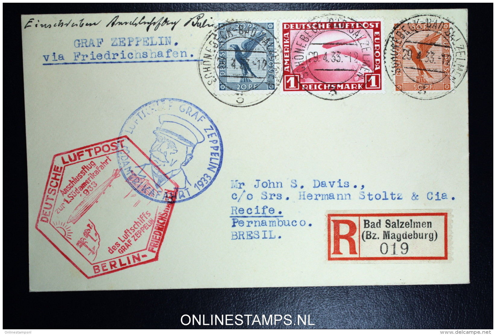 Graf Zeppelin: 1. Sudamerikafahrt 1933 Sieger 202 Ba Anschlussflug Berlin Registered  Cover To Recife Bresil - Luft- Und Zeppelinpost