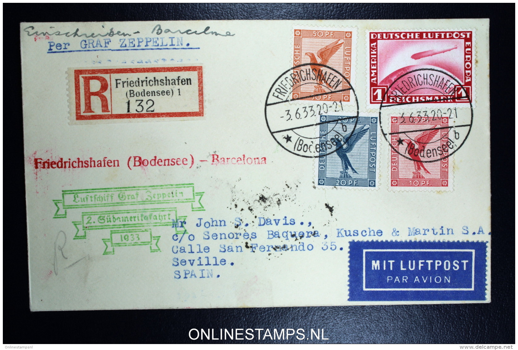 Graf Zeppelin: 2. Sudamerikafahrt 1933 Sieger 214 C   Registered  Cover To  Barcelona - Luft- Und Zeppelinpost