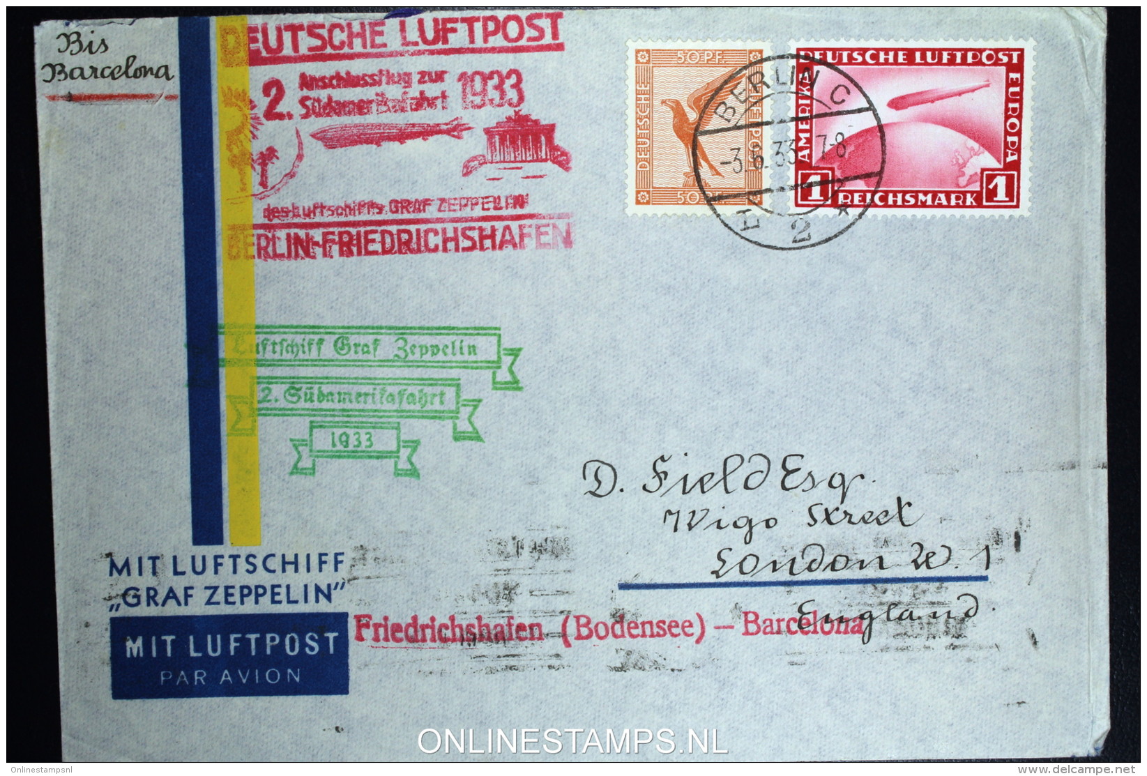 Graf Zeppelin: 2. Sudamerikafahrt 1933 Sieger 214 C   Anschlussflug Berlin  Cover To Barcelona - Luft- Und Zeppelinpost