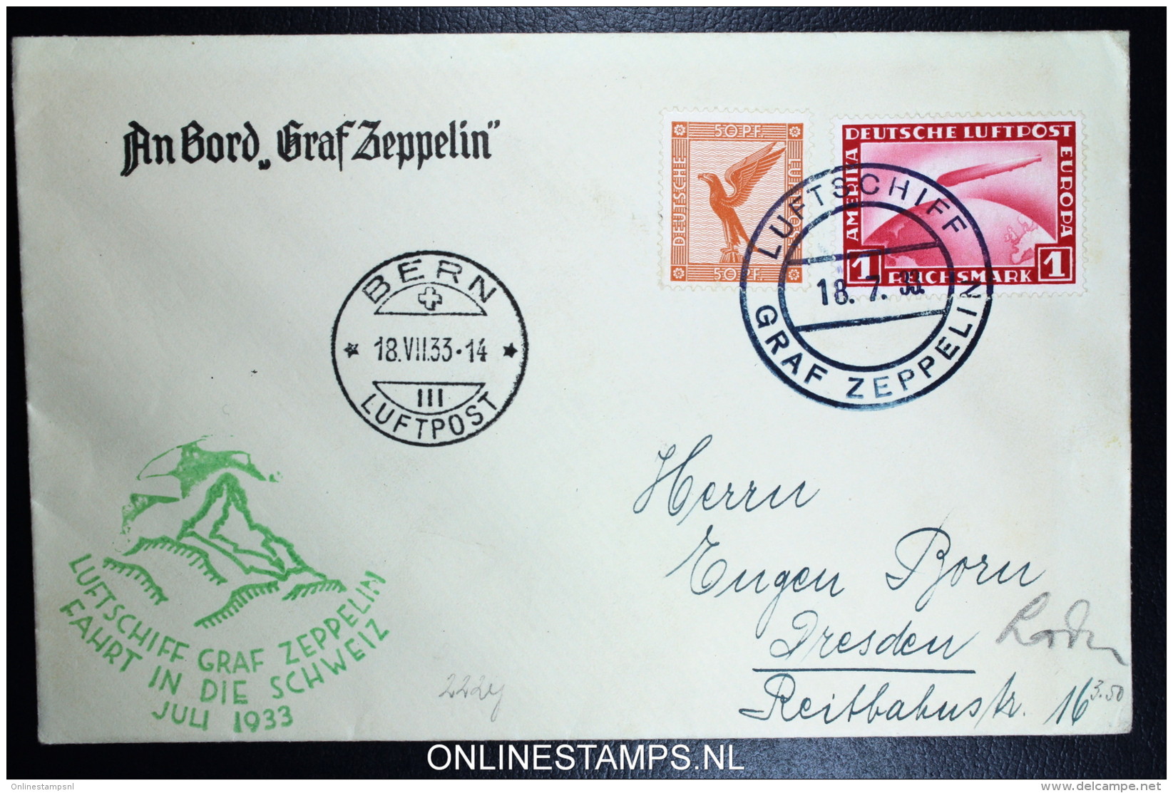 Graf Zeppelin: Schweizfahrt 1933 Sieger 222 Ab  Stempel Bern  Bordpost - Luft- Und Zeppelinpost