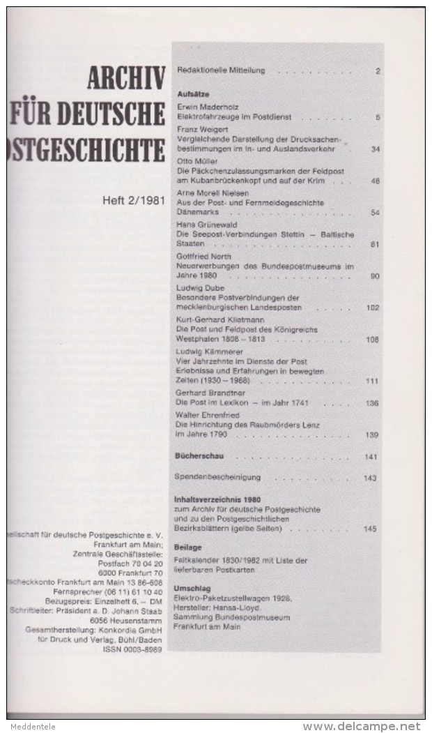 ARCHIV FÜR DEUTSCHE POSTGESCHICHTE Band 1981 / 2 160 Pages Index Of Subjects - Filatelia E Historia De Correos