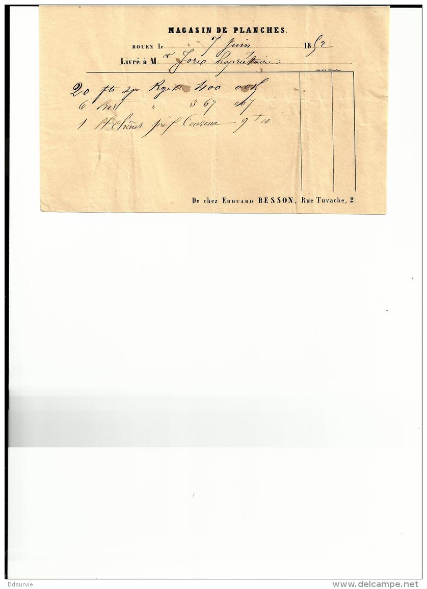 FA111 - ROUEN - FACTURE - 1852 - SCIERIE BOIS MENUISERIE EDOUARD BESSON - 1800 – 1899