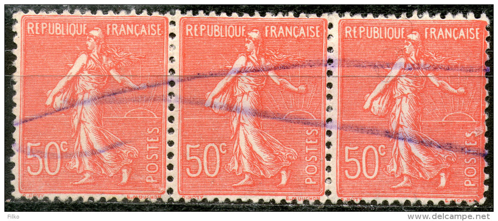 France,1926,Sower,horizontal Strip Of 3,Y&T#199,Mi#161,Scott#146,10c,pencil Cancellation,used,see Scan - Oblitérés