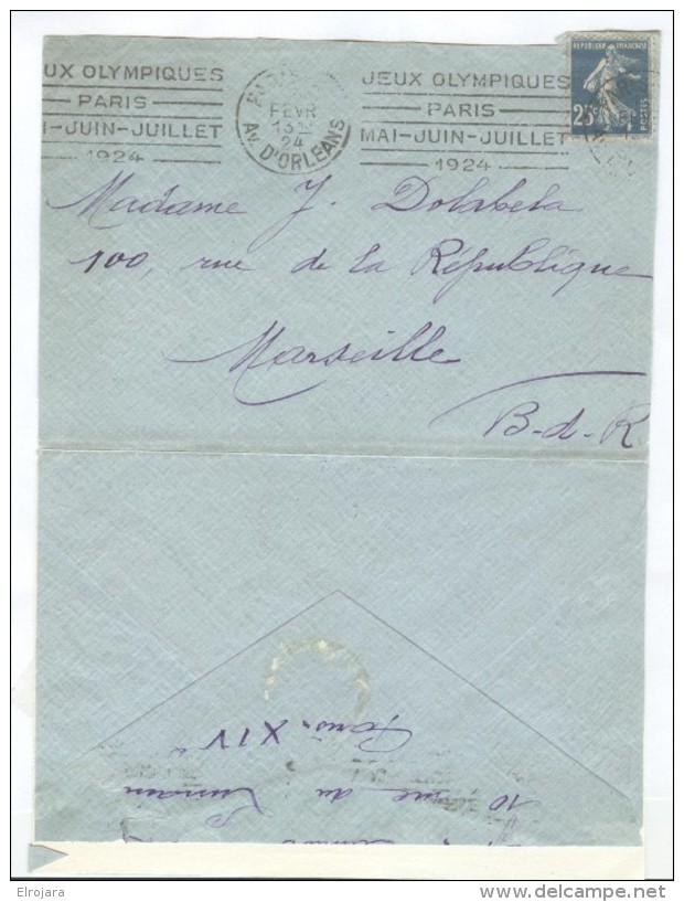 FRANCE Olympic Roller Machine Cancel Paris Av. D'Orleans Of FEVR 24 On Restaurated Cover Three Sides Open. - Ete 1924: Paris