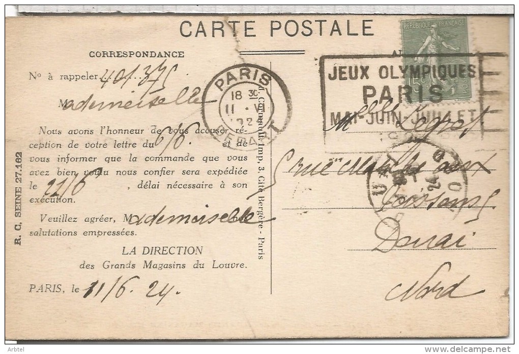 FRANCIA PARIS JUEGOS OLIMPICOS DE 1924 MAT RODILLO EN TARJETA POSTAL - Summer 1924: Paris
