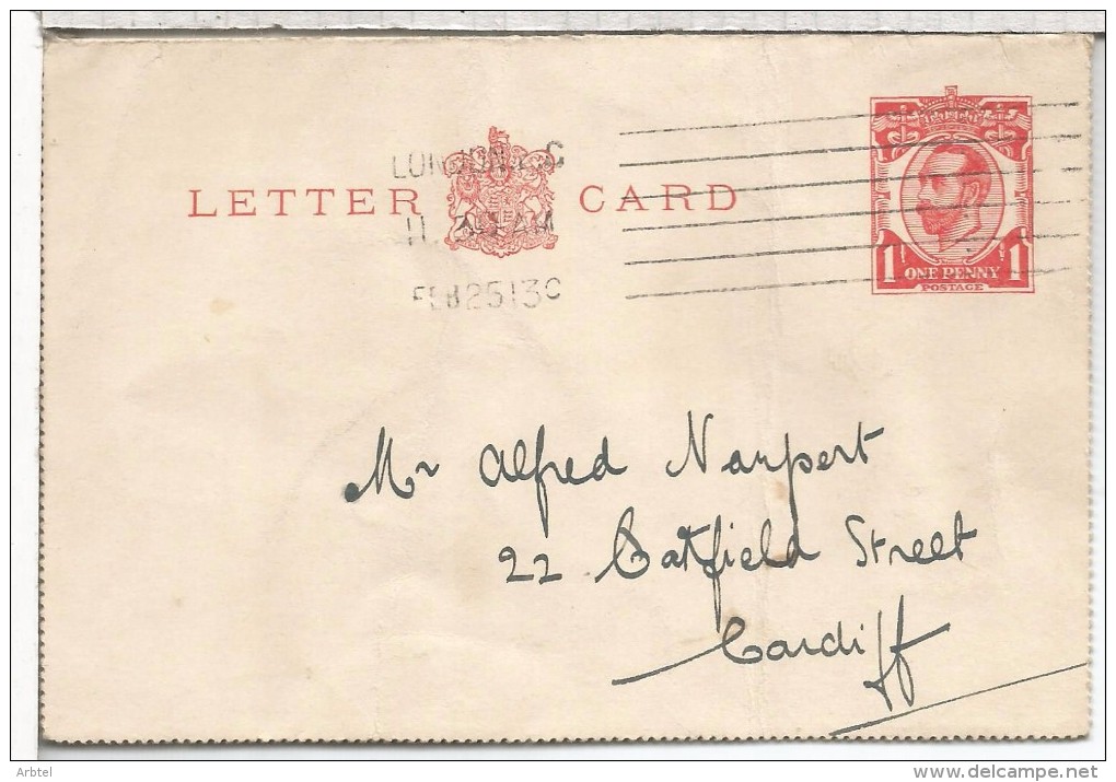 REINO UNIDO ENTERO POSTAL 1913 LONDON A CARDIFF - Ohne Zuordnung