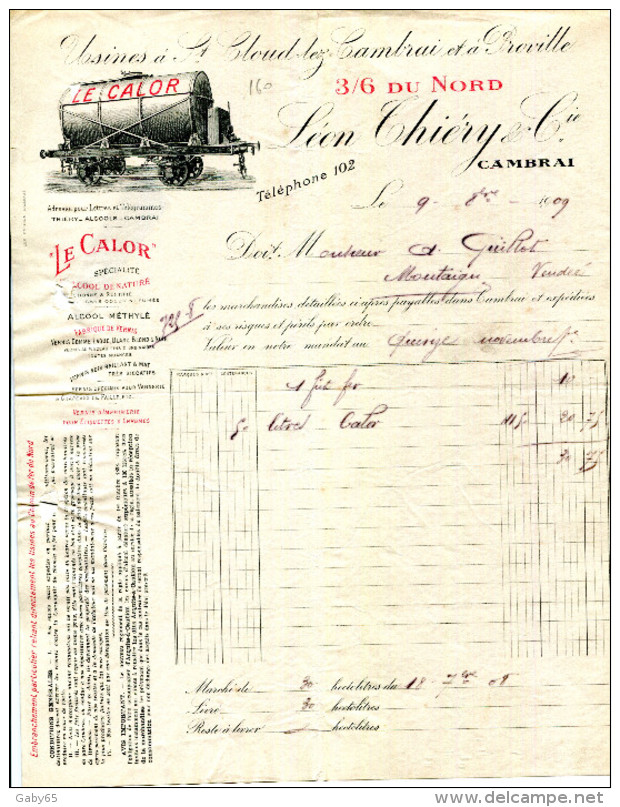 59.NORD.CAMBRAI. " LE CALOR " SPECIALITE D'ALCOOL DENATURE.LEON THIERY & Cie USINES SAINT CLOUD LEZ CAMBRAI & PROVILLE. - Autres & Non Classés