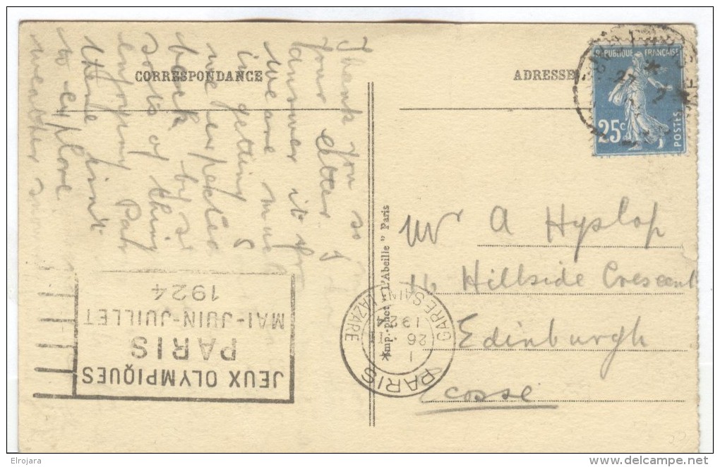 FRANCE Olympic Machine Cancel Paris Gare Saint Lazare Of 26 II 1924 On Postcard To Scotland - Estate 1924: Paris