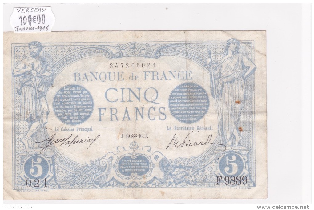 Billet De 5 Francs Bleu Du 19/01/1916 VERSEAU - F.9889 N° Miroir Alph 021 @ N° Fayette : 2.35 - 5 F 1912-1917 ''Bleu''