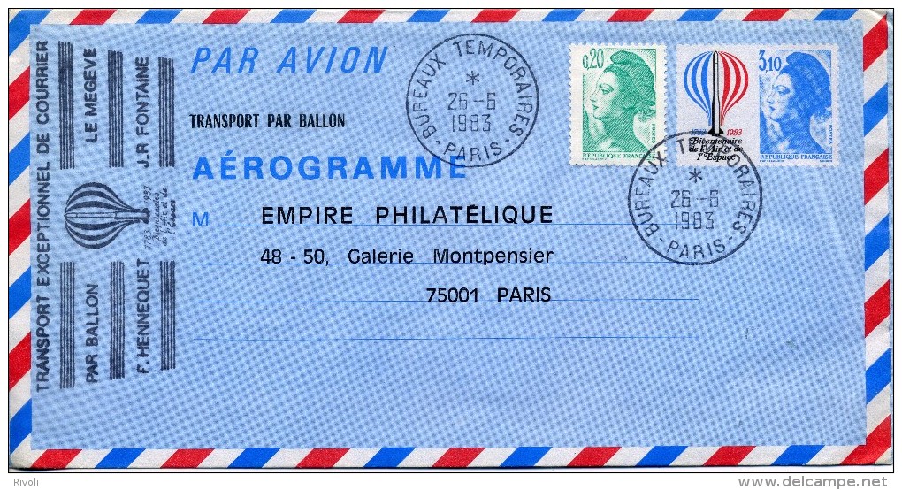 FRANCE : AÉROGRAMME : N° 1010-AER Oblitéré (Bureaux Temporaires : 26/6/1983 - Pa - Aérogrammes