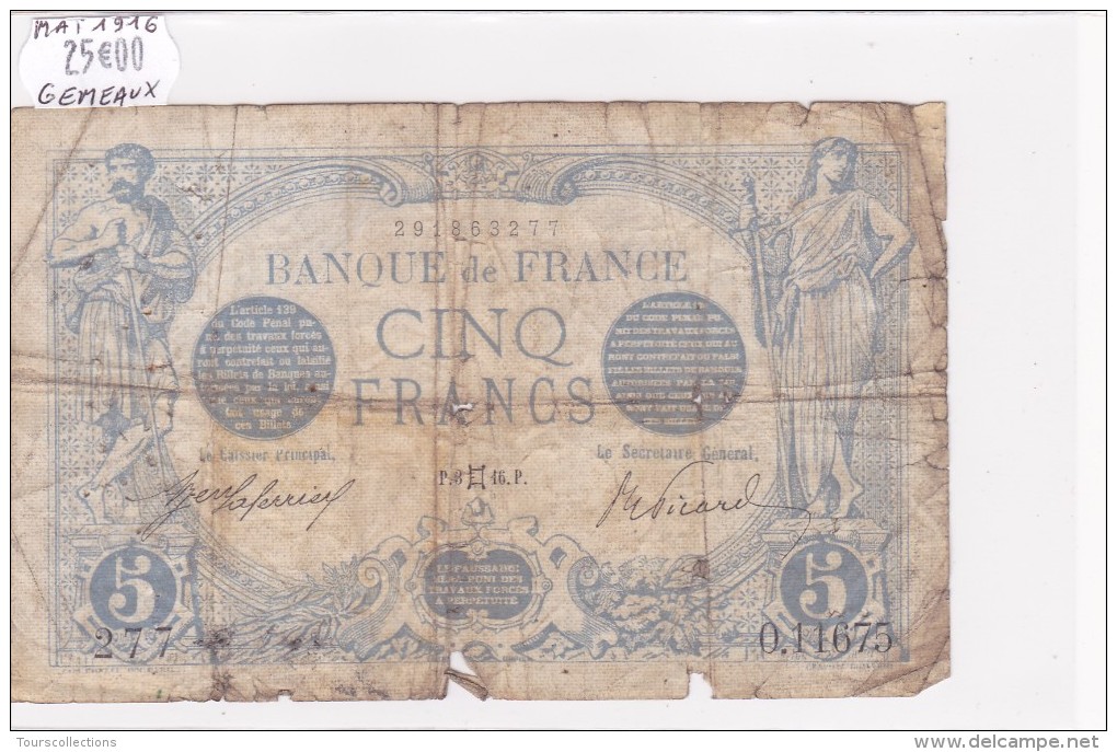 Billet De 5 Francs Bleu Du 03/05/1916 GEMEAUX - Q.11675 Alph 277 @ N° Fayette : 2.39 - 5 F 1912-1917 ''Bleu''