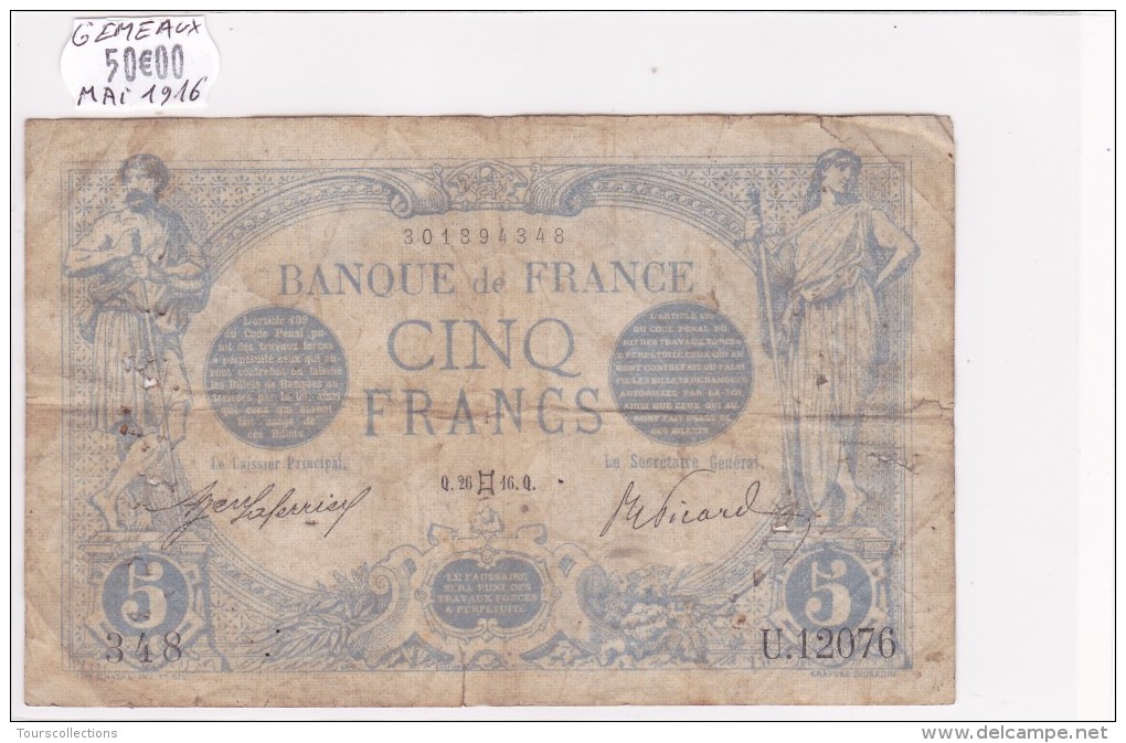 Billet De 5 Francs Bleu Du 26/05/1916 GEMEAUX - U.12076 Alph 348 @ N° Fayette : 2.39 - 5 F 1912-1917 ''Bleu''