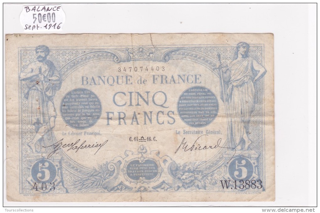 Billet De 5 Francs Bleu Du 14/09/1916 BALANCE - W.13883 Alph 403 @ N° Fayette : 2.43 - 5 F 1912-1917 ''Bleu''