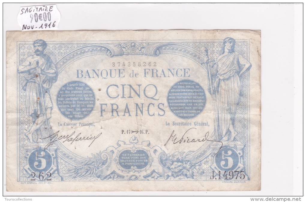 Billet De 5 Francs Bleu Du 17/11/1916 SAGITTAIRE - J.14975 Alph 262 @ N° Fayette : 2.45 - 5 F 1912-1917 ''Bleu''